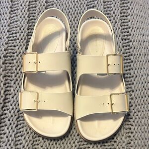 Anthropologie Cream Sandals with Gold Buckles